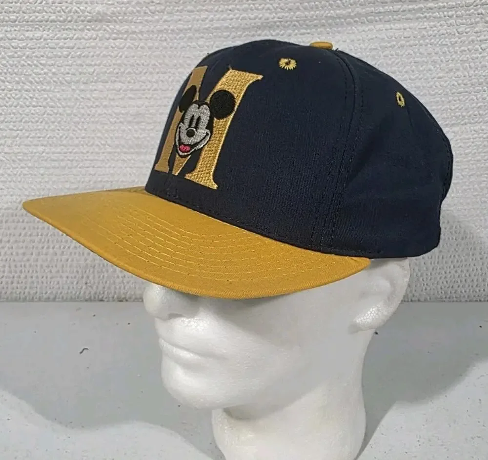 Vintage 90s Disney Mickey Mouse Snapback Baseball Cap Hat Navy Yellow